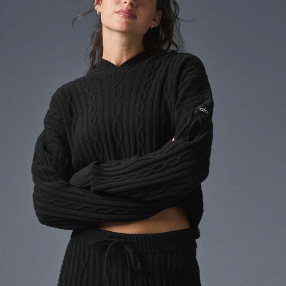 Women’s Black Cable-Knit Hooded Sweater